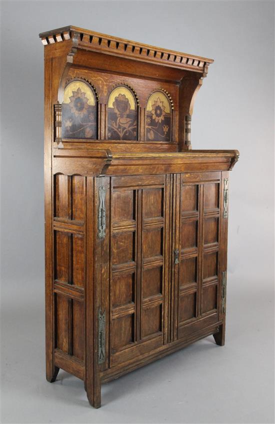 A Victorian aesthetic movement inlaid oak chiffonier designed by A.W.Blomfield and illustrated in Eastlakes Hints W.3ft 3in. D.1ft 6in